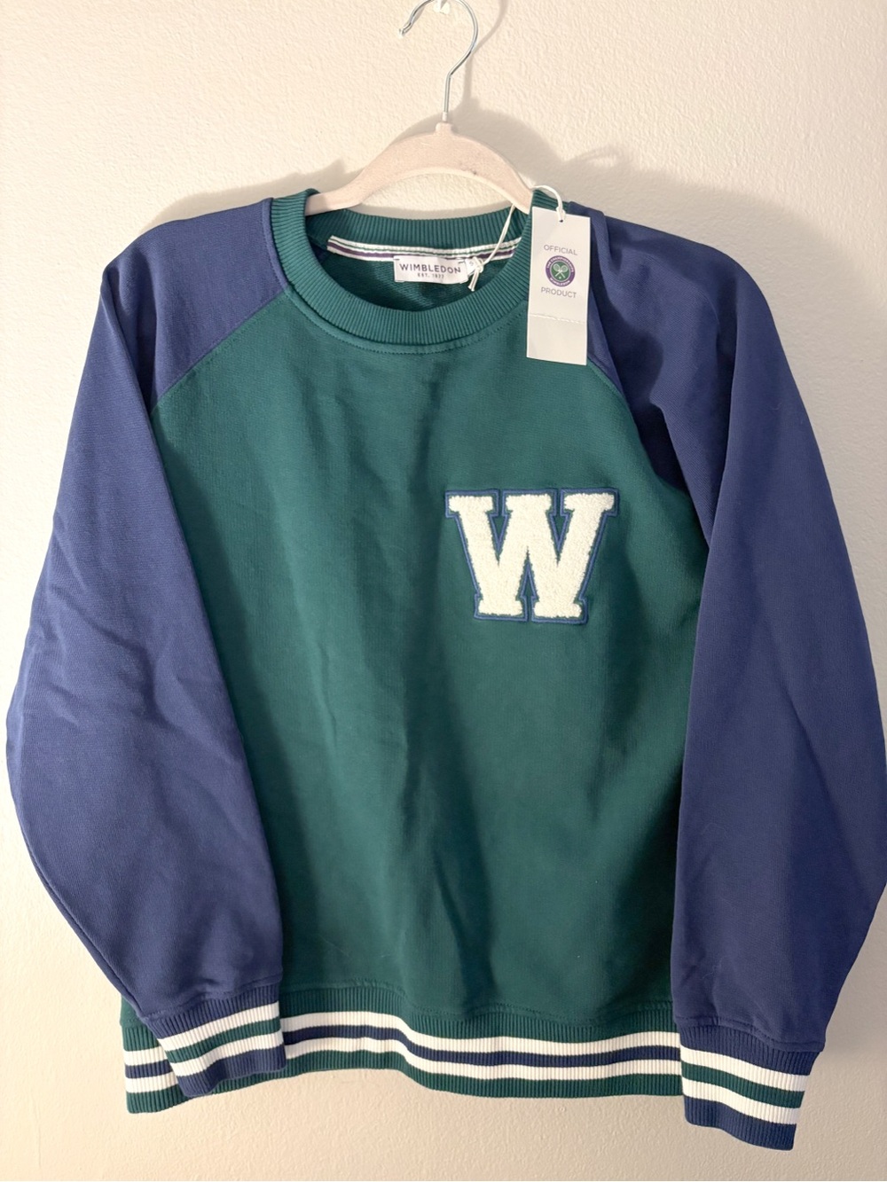 Wimbledon Green & Navy Raglan Crewneck Sweater with Chenille W Patch